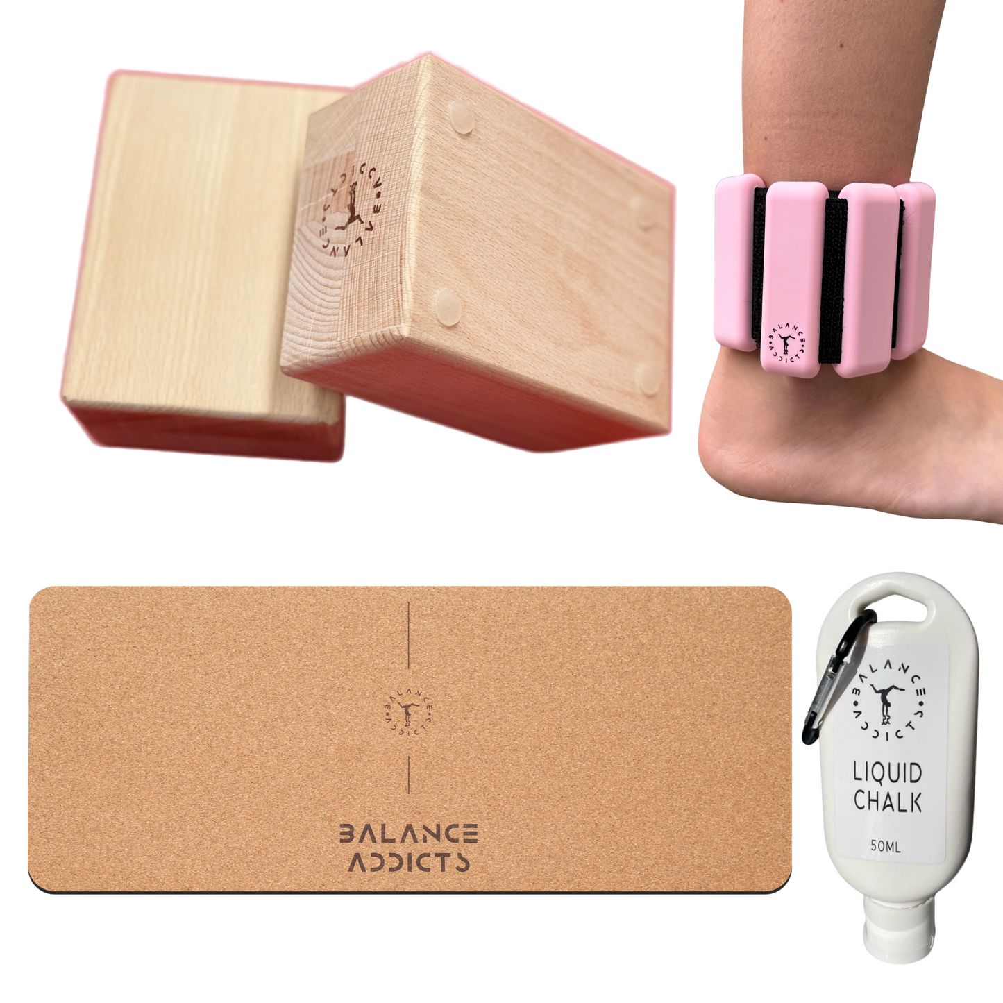 gymnastics handstand bundle. Handstand blocks, balance base, liquid chalk, ankle weights