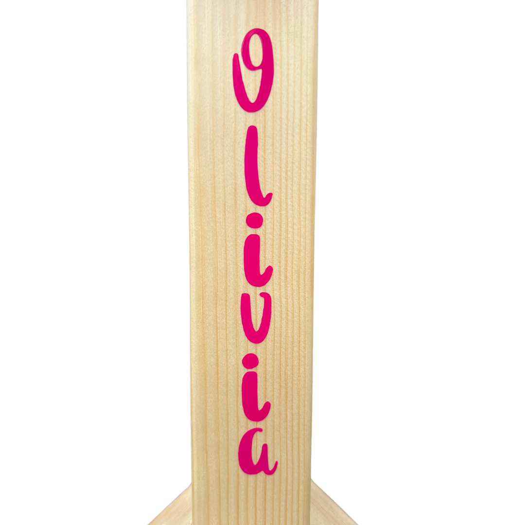 personalised handstand pedestals with pink lettering