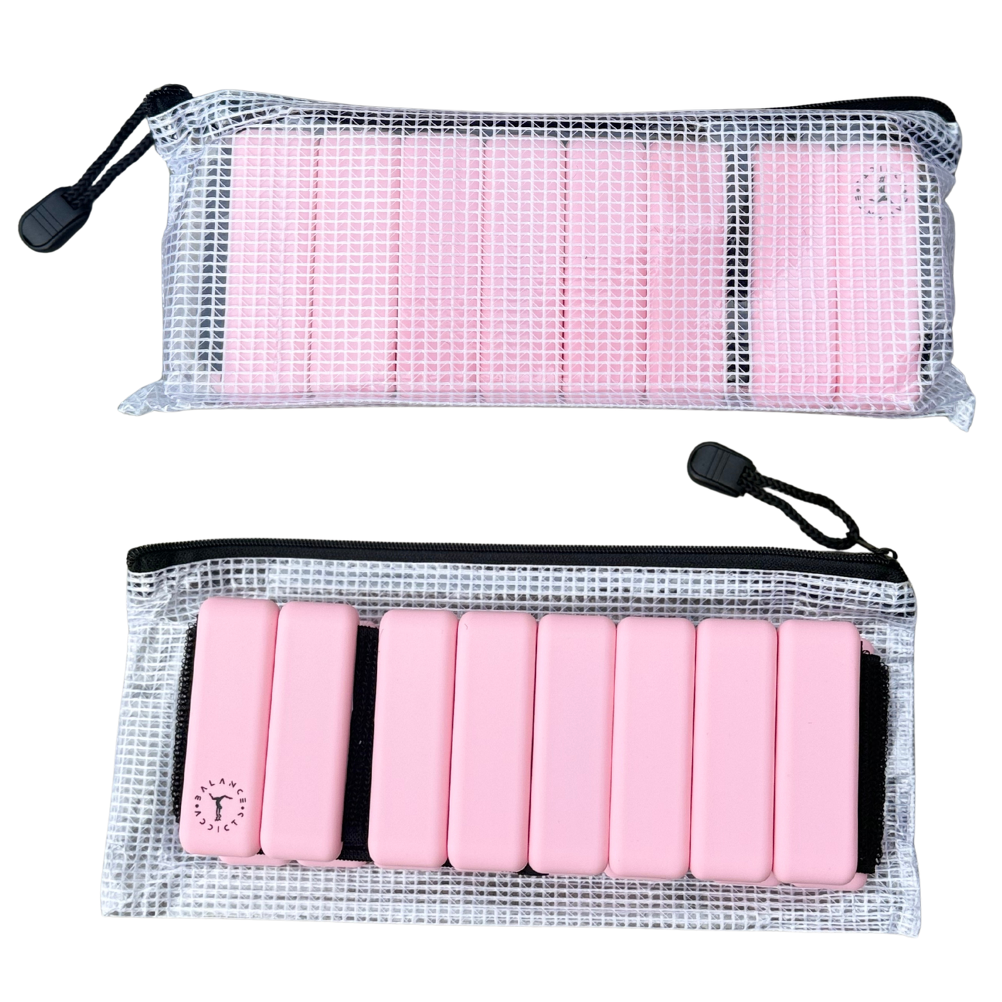 pink ankle weights for gymnasts by balance addicts in zip lock case