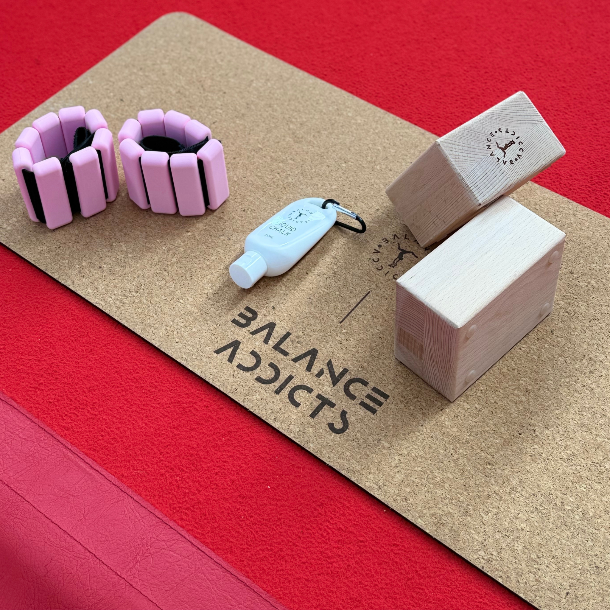 handstand starter bundle for gymnasts. Handstand blocks, ankle weights, balance base & liquid chalk